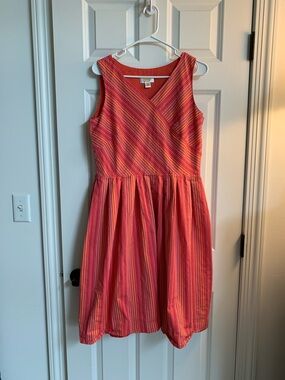 Talbots Coral-Red Cotton Striped V-Neck Dress